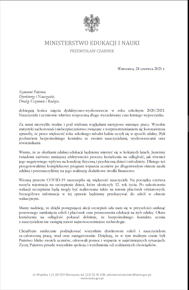 List Ministra Edukacji i Nauki na zakończenie zajęć dydaktyczno-wychowawczych w roku szkolnym 2020/2021
