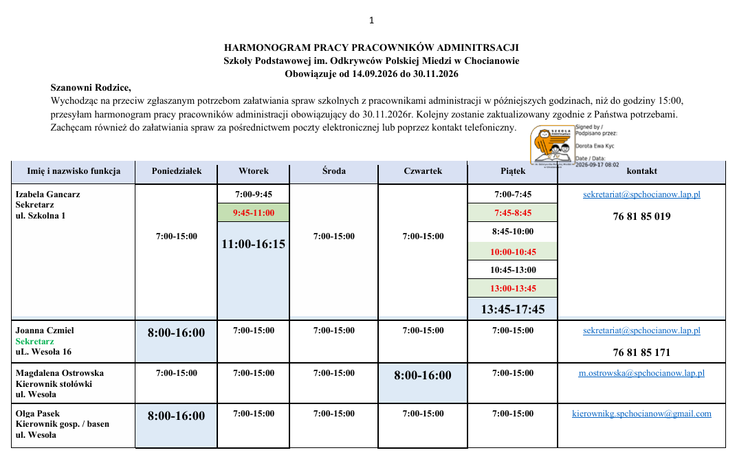 HARMONOGRAM PRACY ADMINISTRACJI SZKOŁY 2026-2027