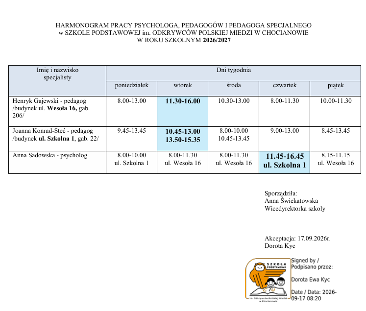 HARMONOGRAM PRACY PSYCHOLOGA, PEDAGOGÓW I PEDAGOGA SPECJALNEGO  w SZKOLE PODSTAWOWEJ im. ODKRYWCÓW POLSKIEJ MIEDZI W CHOCIANOWIE  W ROKU SZKOLNYM 2026/2027